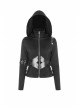 Stand-Up Collar Waist Splice Leather Lace-Up Long Sleeve Black Punk Hooded Cardigan Sweater