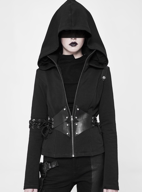 Stand-Up Collar Waist Splice Leather Lace-Up Long Sleeve Black Punk Hooded Cardigan Sweater