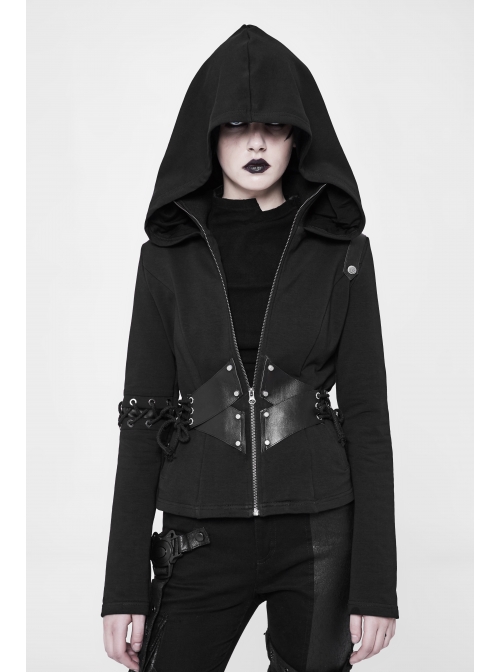 Stand-Up Collar Waist Splice Leather Lace-Up Long Sleeve Black Punk Hooded Cardigan Sweater