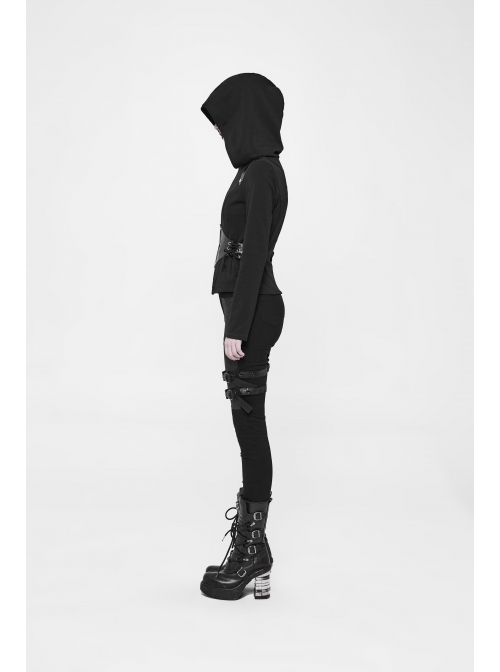Stand-Up Collar Waist Splice Leather Lace-Up Long Sleeve Black Punk Hooded Cardigan Sweater