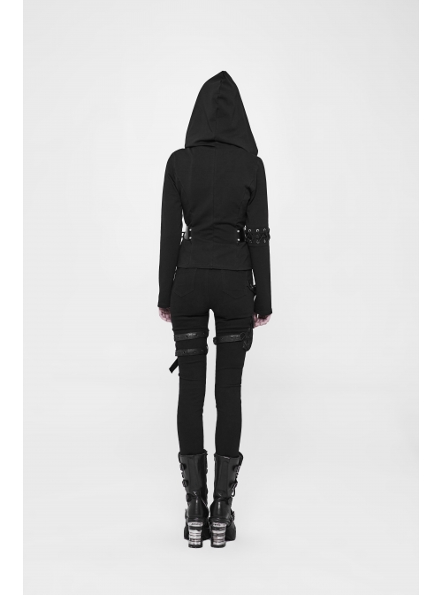 Stand-Up Collar Waist Splice Leather Lace-Up Long Sleeve Black Punk Hooded Cardigan Sweater