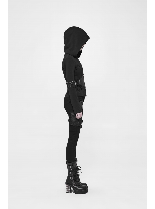 Stand-Up Collar Waist Splice Leather Lace-Up Long Sleeve Black Punk Hooded Cardigan Sweater