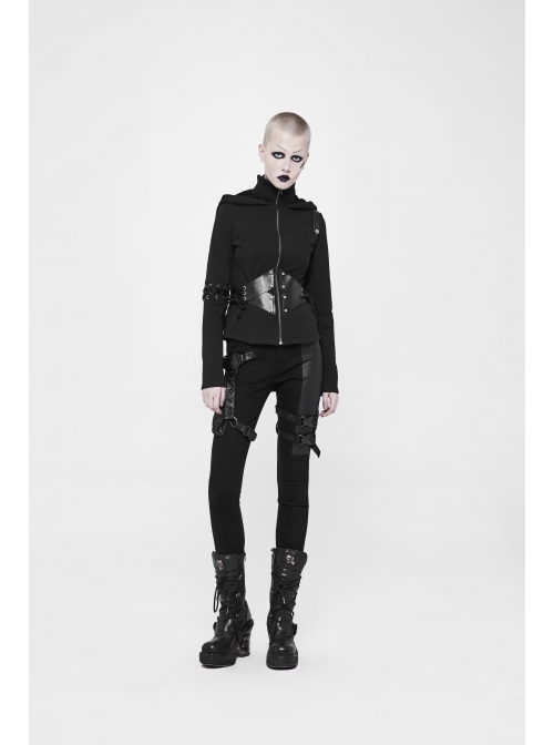 Stand-Up Collar Waist Splice Leather Lace-Up Long Sleeve Black Punk Hooded Cardigan Sweater