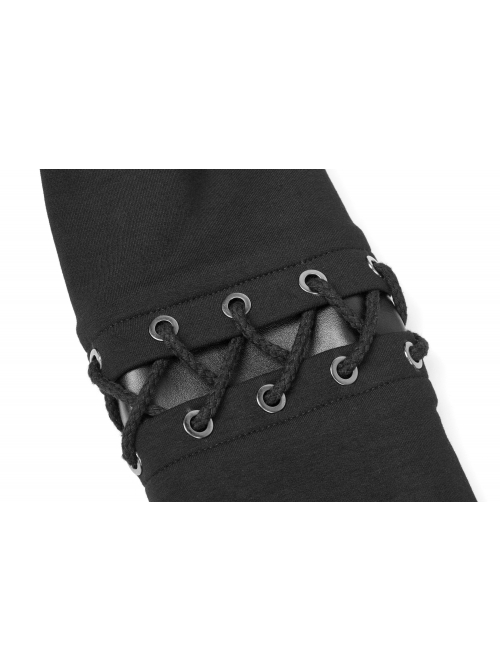 Stand-Up Collar Waist Splice Leather Lace-Up Long Sleeve Black Punk Hooded Cardigan Sweater