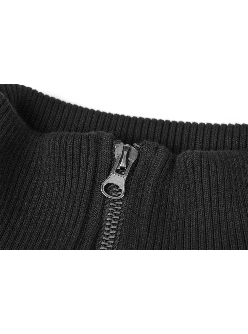 Stand-Up Collar Waist Splice Leather Lace-Up Long Sleeve Black Punk Hooded Cardigan Sweater