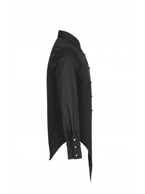 Front Metal Pattern Buckle Long Sleeve Sharp Corner Hem Black Gothic Shirt