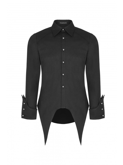 Front Metal Pattern Buckle Long Sleeve Sharp Corner Hem Black Gothic Shirt