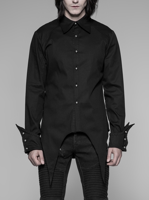 Front Metal Pattern Buckle Long Sleeve Sharp Corner Hem Black Gothic Shirt