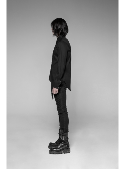 Front Metal Pattern Buckle Long Sleeve Sharp Corner Hem Black Gothic Shirt