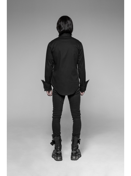 Front Metal Pattern Buckle Long Sleeve Sharp Corner Hem Black Gothic Shirt