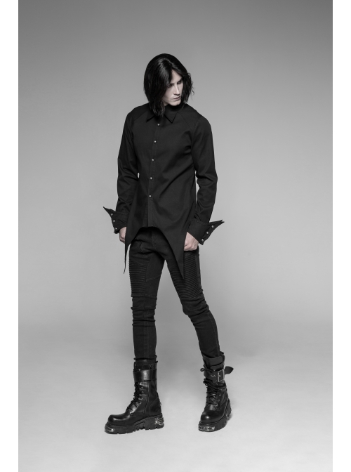 Front Metal Pattern Buckle Long Sleeve Sharp Corner Hem Black Gothic Shirt