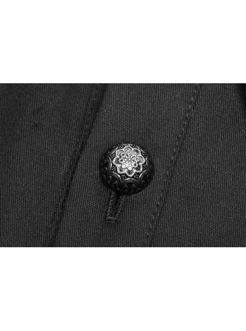 Front Metal Pattern Buckle Long Sleeve Sharp Corner Hem Black Gothic Shirt