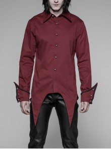 Front Metal Pattern Buckle Long Sleeve Sharp Corner Hem Red Gothic Shirt