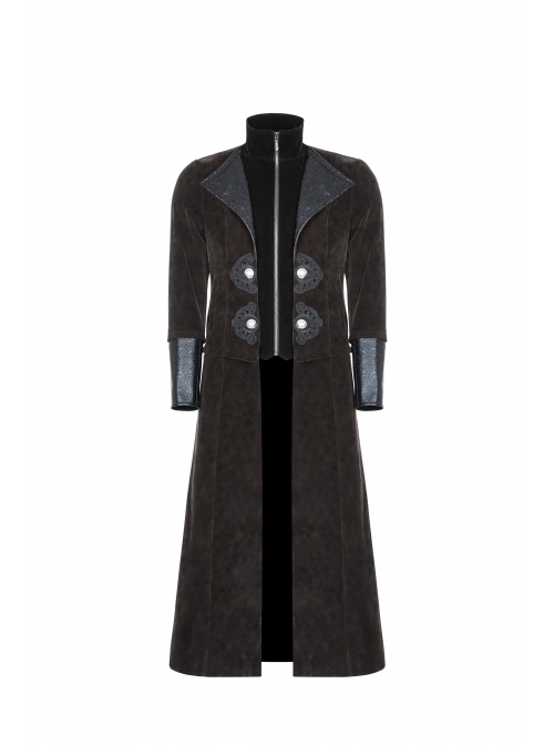 Stand-Up Collar Front Chest Flower Buckle Long Sleeve Brown Punk Twill Weft Velveteen Jacket