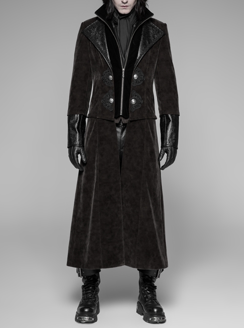 Stand-Up Collar Front Chest Flower Buckle Long Sleeve Brown Punk Twill Weft Velveteen Jacket