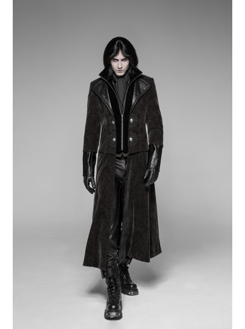 Stand-Up Collar Front Chest Flower Buckle Long Sleeve Brown Punk Twill Weft Velveteen Jacket