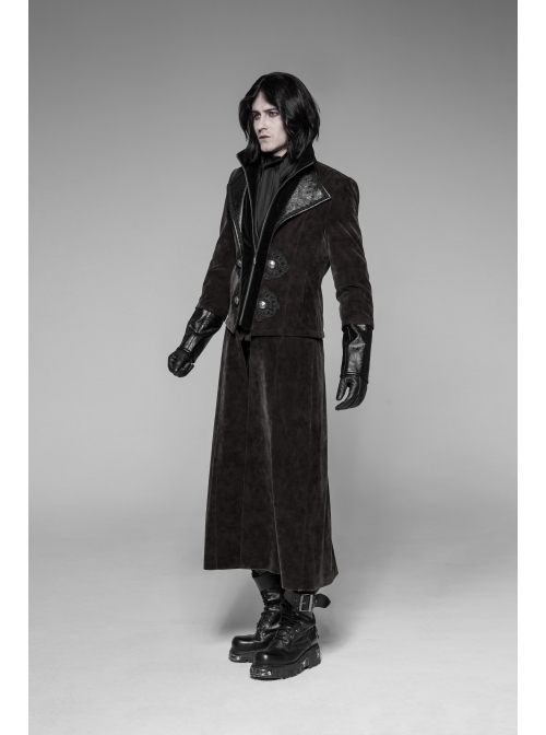 Stand-Up Collar Front Chest Flower Buckle Long Sleeve Brown Punk Twill Weft Velveteen Jacket