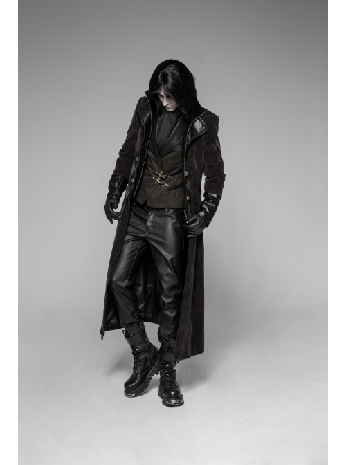 Stand-Up Collar Front Chest Flower Buckle Long Sleeve Brown Punk Twill Weft Velveteen Jacket