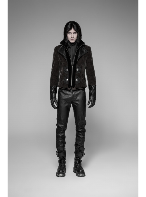 Stand-Up Collar Front Chest Flower Buckle Long Sleeve Brown Punk Twill Weft Velveteen Jacket