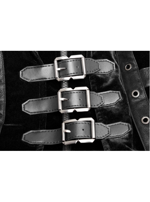 Stand-Up Collar Front Chest Metal Buckle Leather Strap Long Sleeve Black Punk Thickened Weft Velveteen Coat