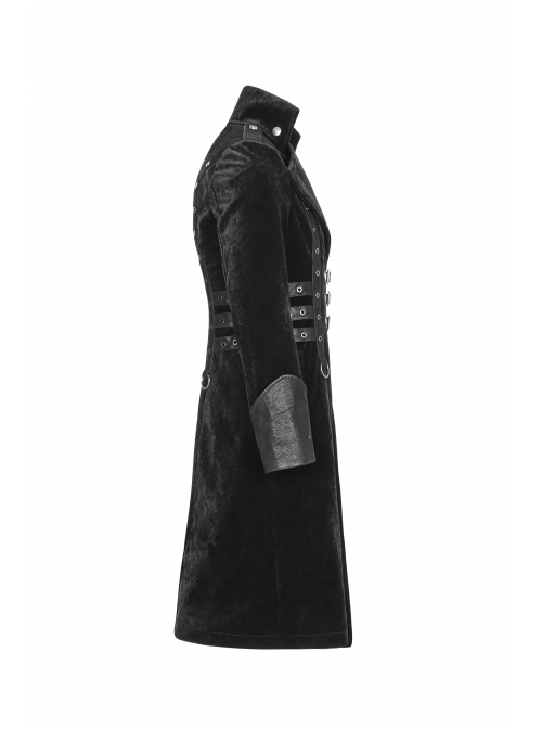 Stand-Up Collar Front Chest Metal Buckle Leather Strap Long Sleeve Black Punk Thickened Weft Velveteen Coat