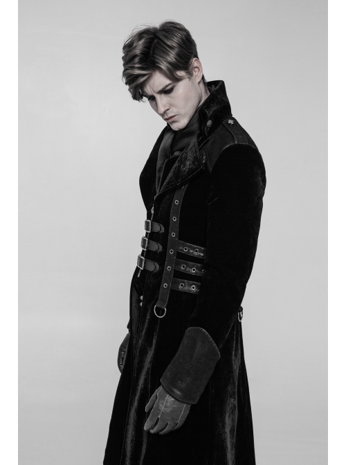 Stand-Up Collar Front Chest Metal Buckle Leather Strap Long Sleeve Black Punk Thickened Weft Velveteen Coat