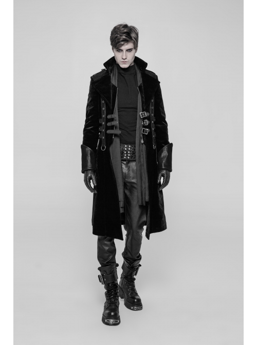 Stand-Up Collar Front Chest Metal Buckle Leather Strap Long Sleeve Black Punk Thickened Weft Velveteen Coat