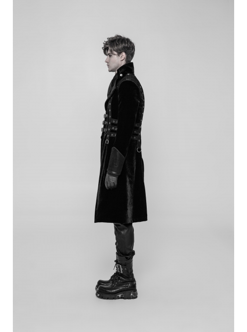 Stand-Up Collar Front Chest Metal Buckle Leather Strap Long Sleeve Black Punk Thickened Weft Velveteen Coat