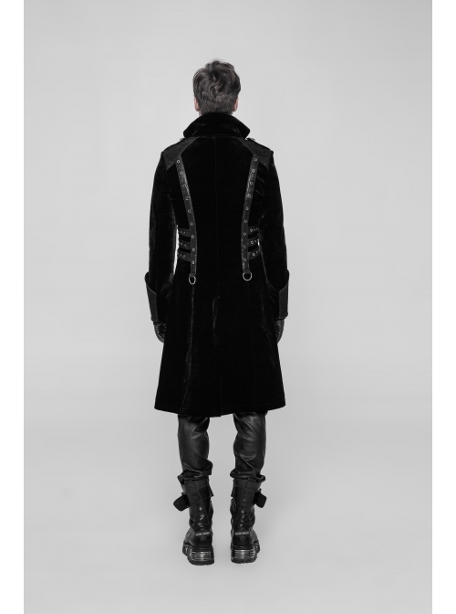 Stand-Up Collar Front Chest Metal Buckle Leather Strap Long Sleeve Black Punk Thickened Weft Velveteen Coat