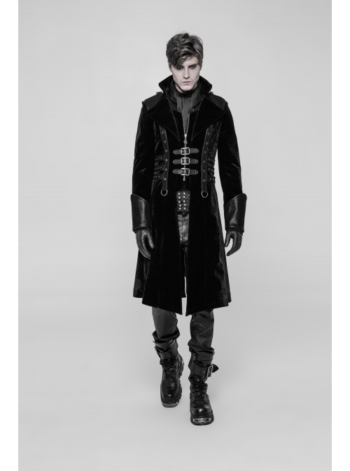 Stand-Up Collar Front Chest Metal Buckle Leather Strap Long Sleeve Black Punk Thickened Weft Velveteen Coat