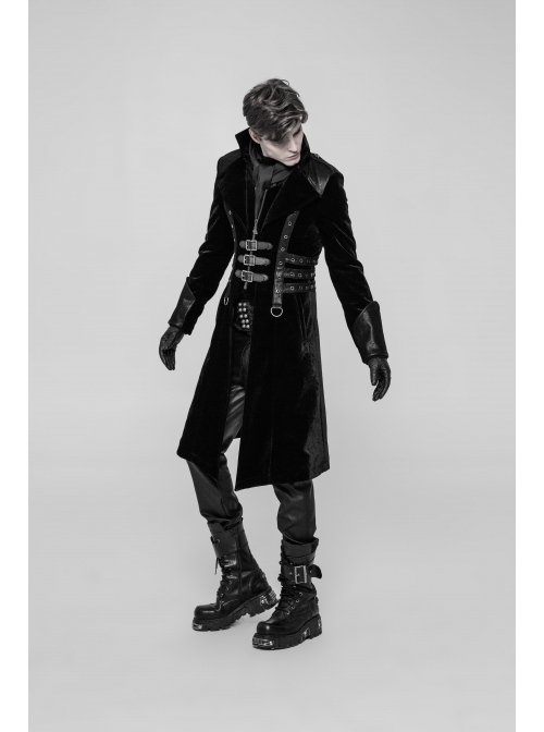 Stand-Up Collar Front Chest Metal Buckle Leather Strap Long Sleeve Black Punk Thickened Weft Velveteen Coat
