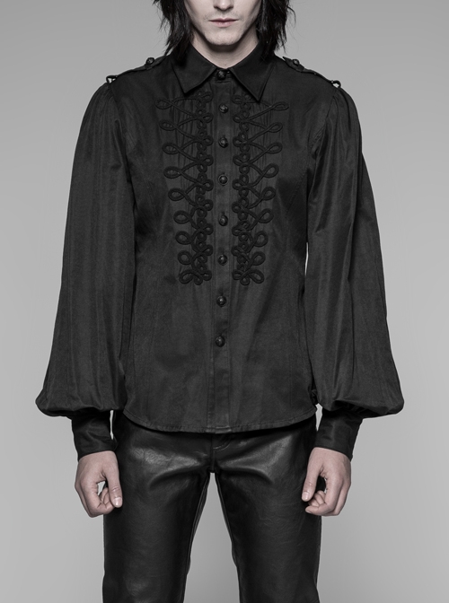 Front Retro Disc Buckles Shoulder Hasp Lantern Sleeve Black Gothic Shirt