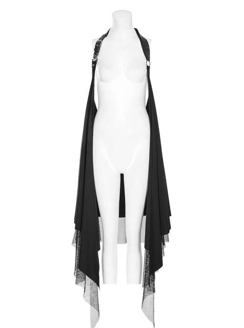 Metal Buckle Strap Mesh Frill Hem Black Punk Halter Knit Vest