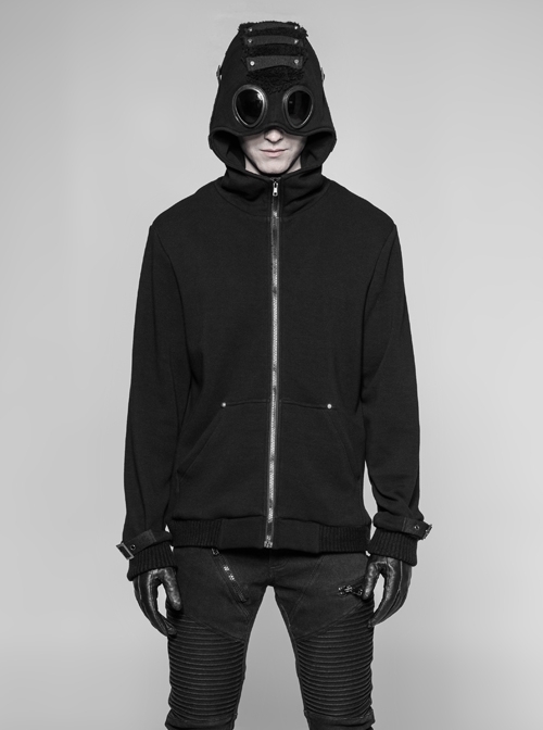 Leather Hasp Glasses Long Sleeve Black Punk Cashmere Hooded Coat