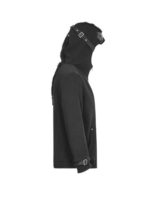 Leather Hasp Glasses Long Sleeve Black Punk Cashmere Hooded Coat