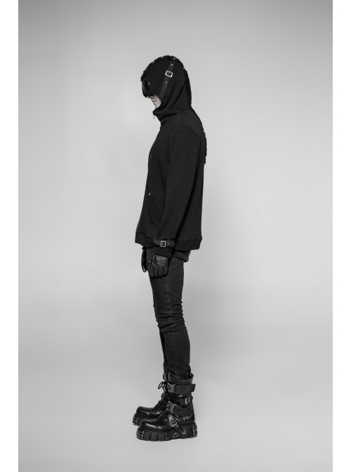 Leather Hasp Glasses Long Sleeve Black Punk Cashmere Hooded Coat