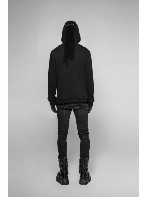 Leather Hasp Glasses Long Sleeve Black Punk Cashmere Hooded Coat
