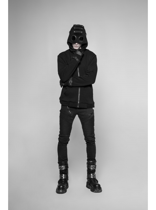 Leather Hasp Glasses Long Sleeve Black Punk Cashmere Hooded Coat