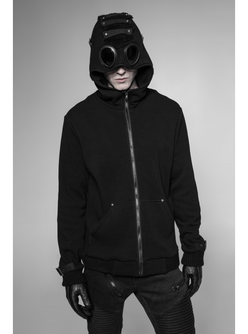 Leather Hasp Glasses Long Sleeve Black Punk Cashmere Hooded Coat