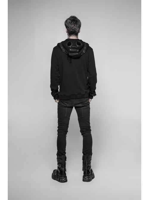 Leather Hasp Glasses Long Sleeve Black Punk Cashmere Hooded Coat