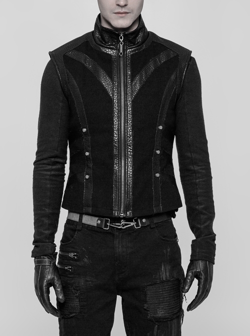 Stand-Up Collar Splice PU Leather Rivet Black Punk Twill Rough Vest