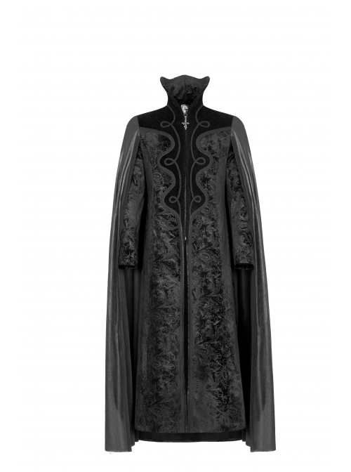 Stand-Up Collar Front Metal Decoration Long Sleeve Black Gothic Paisley Pattern Embossed Velvet Coat With Cloak