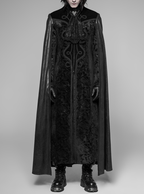 Stand-Up Collar Front Metal Decoration Long Sleeve Black Gothic Paisley Pattern Embossed Velvet Coat With Cloak
