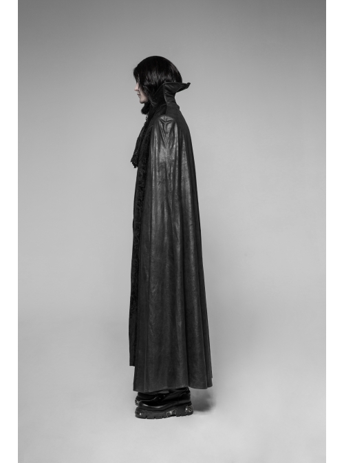 Stand-Up Collar Front Metal Decoration Long Sleeve Black Gothic Paisley Pattern Embossed Velvet Coat With Cloak