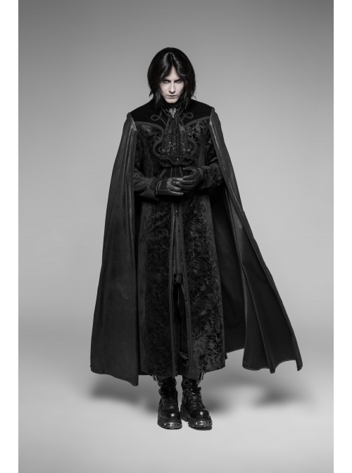 Stand-Up Collar Front Metal Decoration Long Sleeve Black Gothic Paisley Pattern Embossed Velvet Coat With Cloak