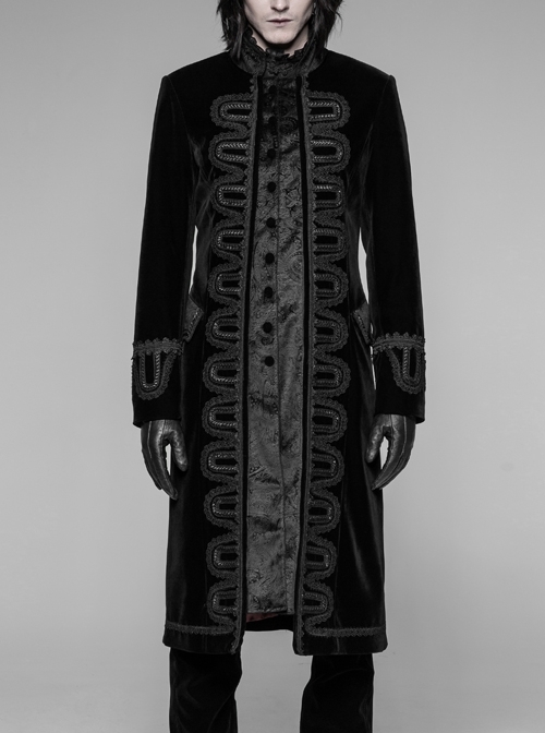 Fake Two-Piece Stand-Up Collar Front Retro Ribbon Coiling  Slit Hem Black Gothic Weft Velveteen Long Coat
