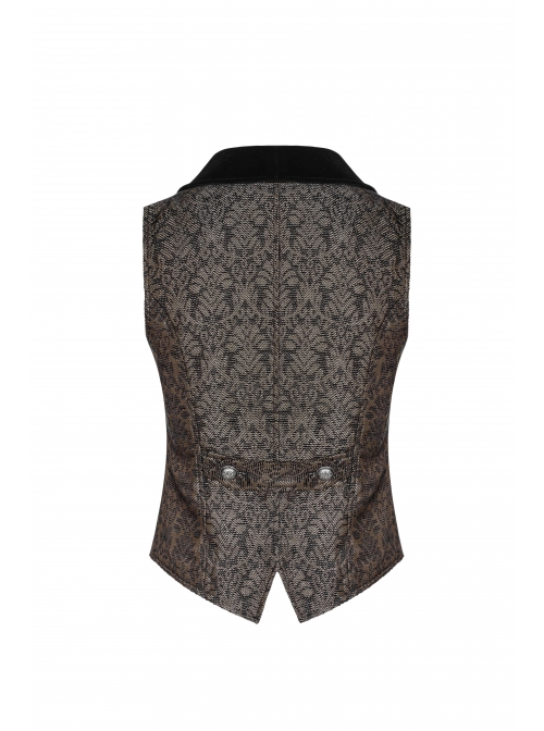 Brown Jacquard Splice Weft Velveteen Front Door Lapel Metal Button Gothic Vest