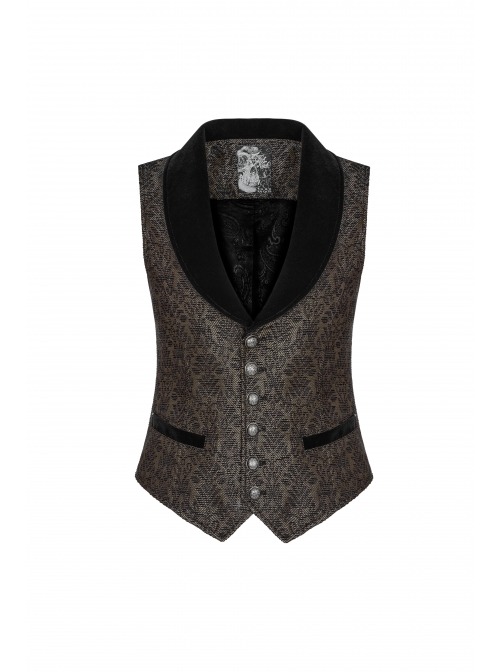 Brown Jacquard Splice Weft Velveteen Front Door Lapel Metal Button Gothic Vest