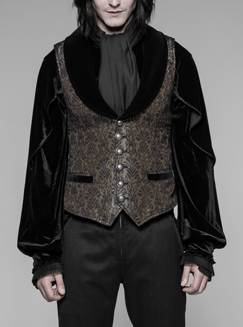 Brown Jacquard Splice Weft Velveteen Front Door Lapel Metal Button Gothic Vest