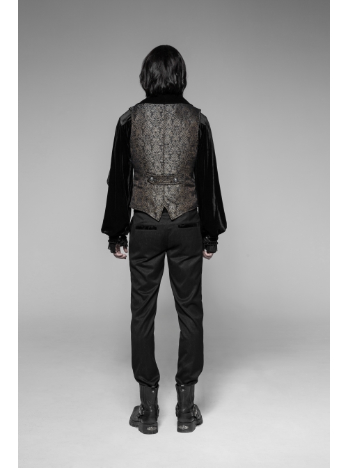 Brown Jacquard Splice Weft Velveteen Front Door Lapel Metal Button Gothic Vest